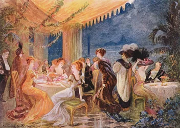 Eine Soiree in einem Pariser Restaurant, Werbung für The Furrier Revillon in Le Figaro Illustre, 1910